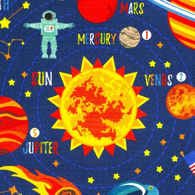KC Cubs 5x7 Outer Space Solar System Toy Car Road Rug – Educational Play Mat Carpet for Kids, Toddlers, Nursery, Classroom, Playroom, Baby Daycare