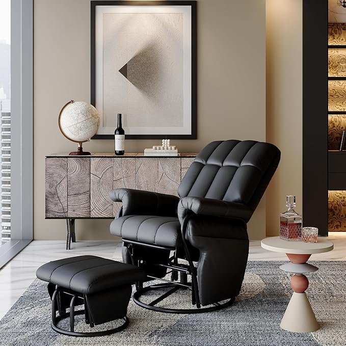 AODAILIHB Swivel Glider Recliner with Ottoman, 360 Rocking Chair with Foot Rest Recliner Chair Indoor Rocking Chair with Side Pockets Nursery Chairs for Living Room, Bedroom, Office (Black)