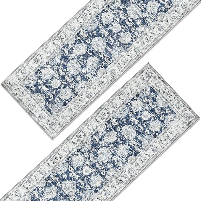 jinchan Runner Rug 3x10-2pcs Kitchen Washable Vintage Hallway Rug Floral Print Floor Cover Indoor Thin Retro Mat Accent for Bathroom Laundry Room Bedroom Office Farmhouse (Double,Dark Blue)