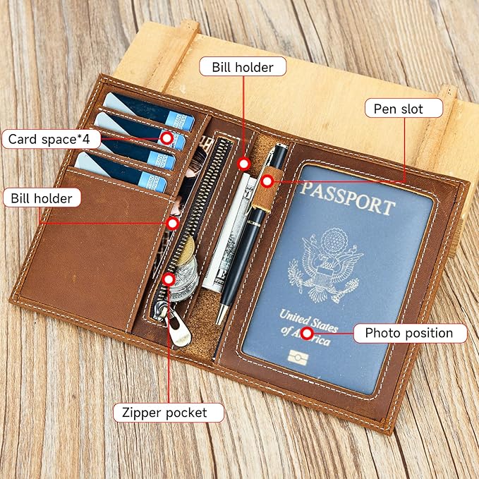 Genuine Leather Passport Holder Handmade Passport cover Lightweight Travel Bifold Passport Wallet brown