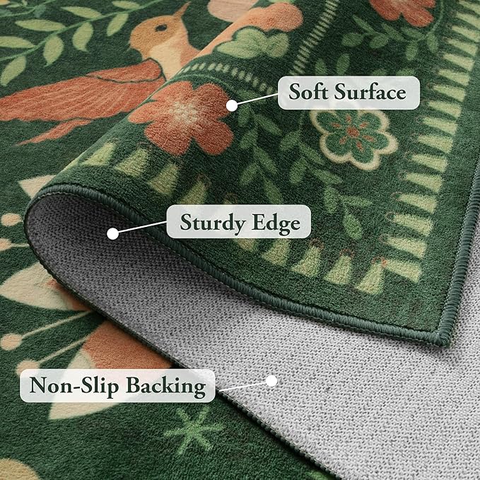 Moynesa Boho Bird 5x7 Area Rugs for Living Room, Washable Green Rug Jungle Floral Bedroom Rug, Low-Pile Soft Vintage Floor Carpet Non-Slip for Dining Room Playrom Living Room