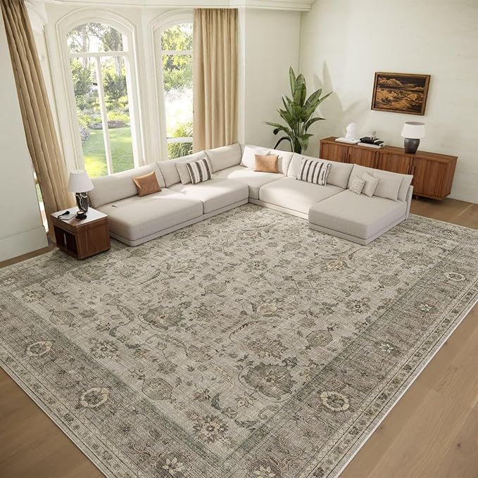 Washable 9x12 Area Rugs for Living Room, Boho Non-Slip Silicone Backing Rugs for Bedroom Dining Room Nursery Office, 0.3" Neutral Oriental Throw Carpet with 0.16" Cushioning Pad, Light Brown/Multi