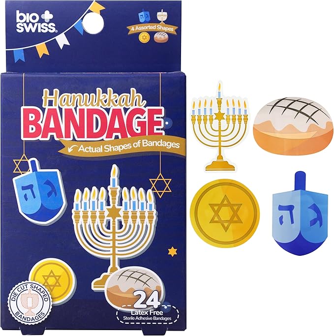 BioSwiss Bandages, Hanukkah Shaped Self Adhesive Bandage, Latex Free Wound Care, Fun First Aid Kit Supplies for Kids and Adults, 24 Count
