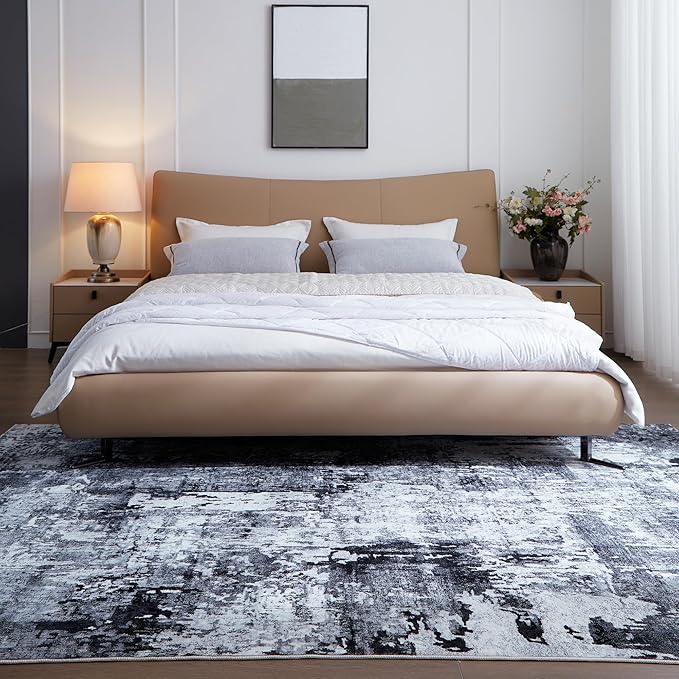 Area Rug 5x7 Washable Rug Boho Soft Abstract Pattern Non-Slip Faux Wool Vintage for Living Room, Bedroom, Farmhouse, Dining Room, Kids Playroom, Grey and Black