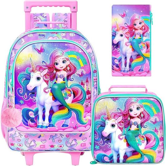 Girls Rolling Backpack, Cute Mermaid Roller Wheels Kids Bookbag - Wheeled Elementary School Bag - 3PCS Mermaid