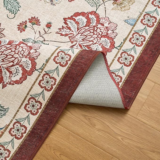 jinchan 3x5 Floral Rug for Entryway Washable Kitchen Rug Vintage Romance Design Small Mat Non Slip Indoor Doormat Lightweight Low-Profile Throw Carpet for Entrance Bathroom Laundry Room, Red/Beige