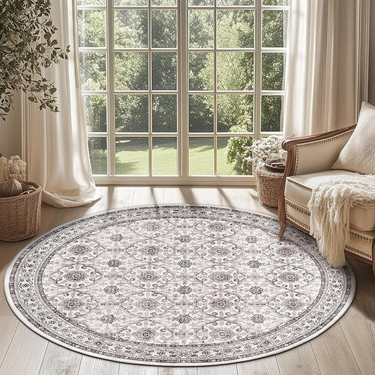jinchan Round Rug 5ft Washable Circle Soft Rug - Low Pile Vintage 5'Round Indoor Beige Floral Print Stain Resistant Boho Carpet Ultra-Thin Non-Slip for Entryway Nursery Bedroom Dining Room Kitchen