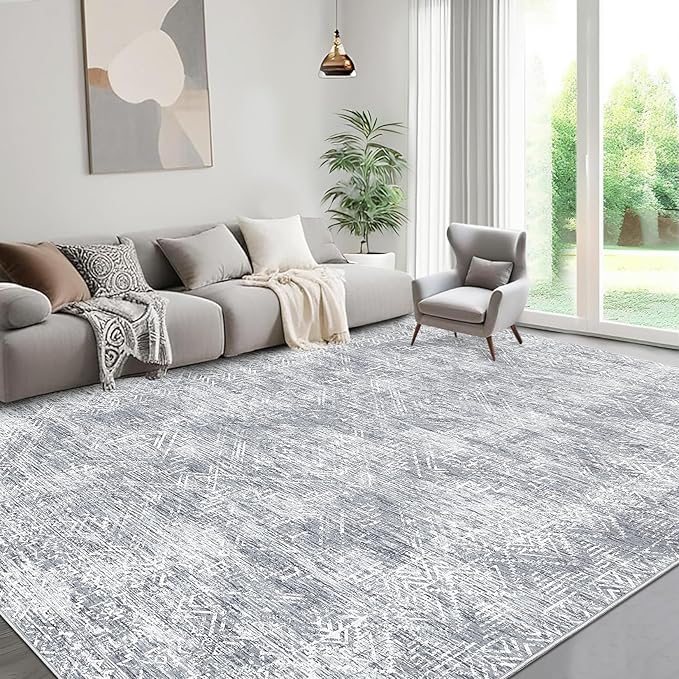 COZYLOOM 9x12 Rugs for Living Room Machine Washable Rug Modern Abstract Floor Cover with Non Slip Backing Satin Resistant Ultra Soft Geometric Carpet for Bedroom Office, Grey