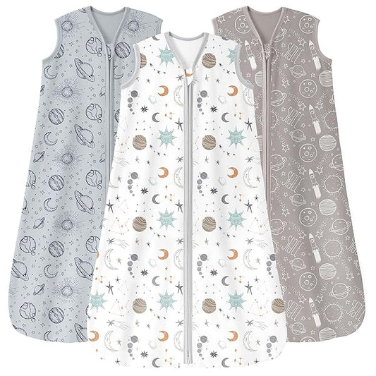 Baby Sleep Sack 0-6 Months 3 Pack 100% Cotton Lightweight 0.5 TOG Wearable Blanket Baby Sleep Bag with 2-Way Zipper for Newborn Infant White Gray Blue Space