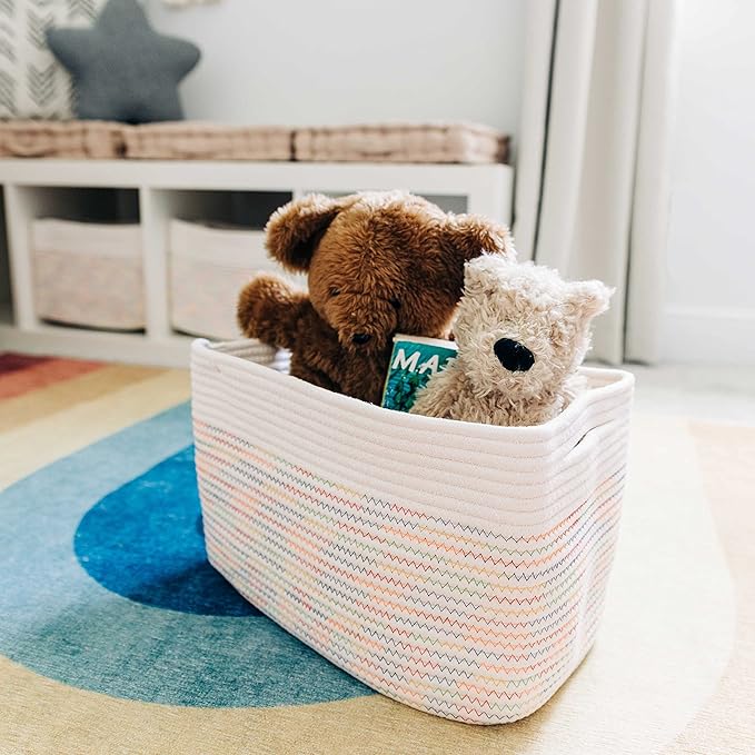 OrganiHaus Woven Storage Basket, Nursery Storage Basket, Towel Basket for Bathroom, Cotton Rope Basket for Storage, Decorative Storage Baskets, Woven Baskets for Storage, Rainbow Book Basket