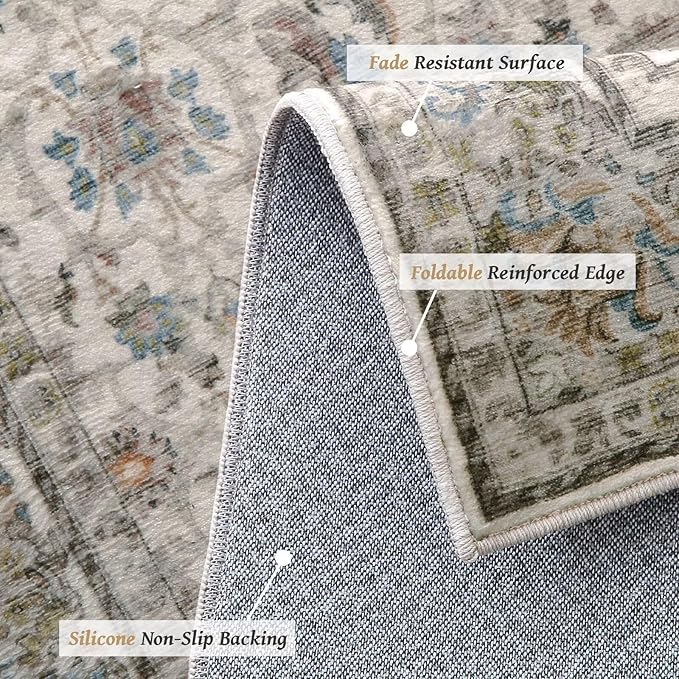 Washable 9x12 Area Rugs for Living Room, Boho Non-Slip Silicone Backing Rugs for Bedroom Dining Room Nursery Office, 0.3" Neutral Oriental Throw Carpet with 0.16" Cushioning Pad, Cream/Multi