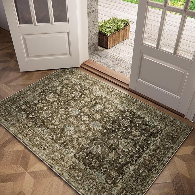 Washable 3x5 Entryway Rug Indoor, Boho Non-Slip Silicone Backing Small Rugs for Kitchen Nursery Office Bedroom, 0.3" Neutral Oriental Throw Carpet with 0.16" Cushioning Pad, Flaxen/Multi