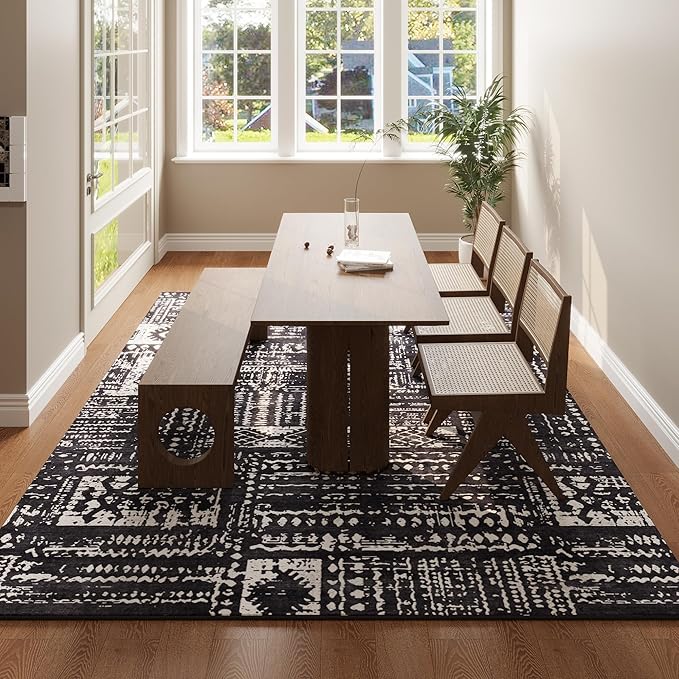 Area Rugs 8x10 Rug for Living Room Clearance Washable Boho Area Rug Non Slip Moroccan Vintage Low Pile Large Rug for Living Room, Bedroom, Farmhouse, Dining Room, Kids Playroom(Black)