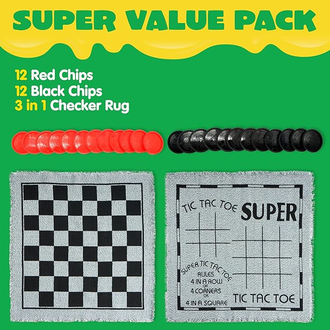 3-in-1 Vintage Giant Checkers, Tic, Tac, Toe, with Reversible Mat, 24 Chips, Family Board Game, Lawn Game, BBQ Party Favor, Indoor and Outdoor Activity for Kids and Adults