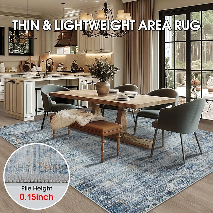 Area Rug 5x7 Living Room Rugs: Abstract Large Washable Rugs with Non-Slip Backing, Thin Carpet for Dining Room Table Bedroom Nursery Indoor Home Office-Blue/Brown