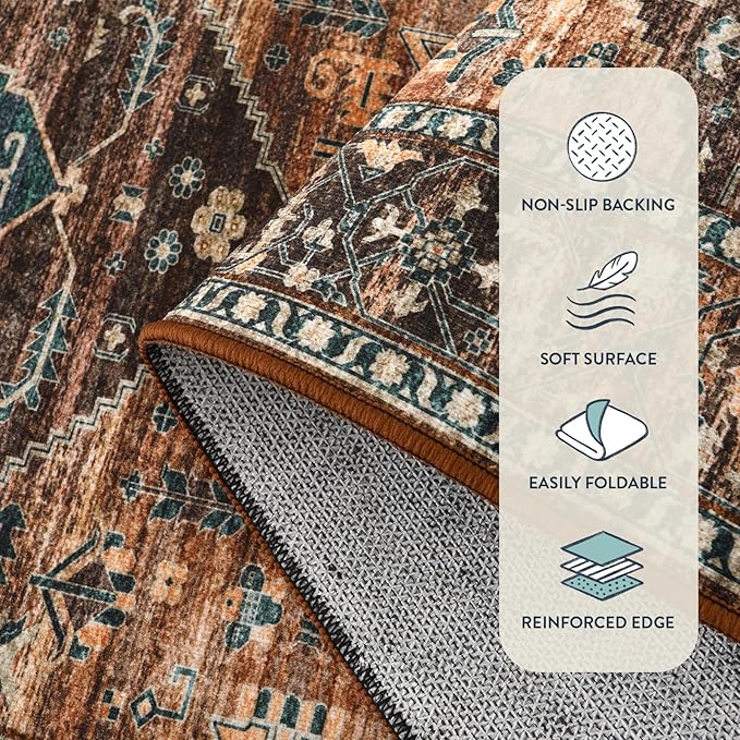 Lahome Washable Living Room Area Rug - 3x5 Non-Slip Ultra-Thin Rugs for Entryway, Throw Small Stain Resistant Kitchen Rugs, Vintage Medallion Print Carpet Rug for Office Bedroom Laundry Room Office