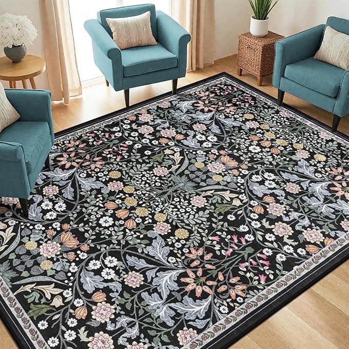 Area Rug Living Room Rugs: Floral 5x7 Washable Rug Vintage Soft Boho Non-Slip Carpet Indoor Stain Resistant Large Carpets for Bedroom Dining Room Farmhouse Nursery Hallway Home Office Dark Black