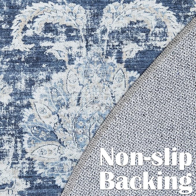 jinchan Round Rug 8ft Area Rugs Vintage Floral Distressed Design Machine Washable Non-Slip Low-Pile Ultra-Thin Circle Rug for Living Room Dining Room Bedroom Home Office Farmhouse (8' Round,Dark Blue)