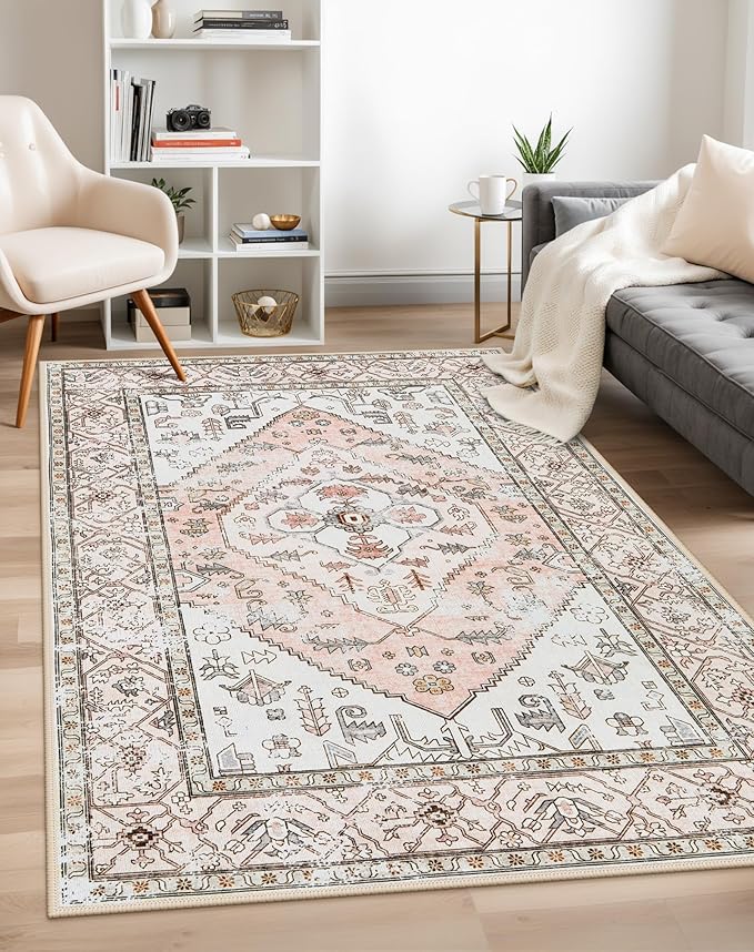 Lahome Boho Washable Living Room Area Rug - 3x5 Small Pink Rugs for Bedroom Non-Slip Throw Nursery Kids Room Rug, Vintagel Print Carpet Rug for Kitchen Office Bathroom Laundry Room (Pink, 3'x5')