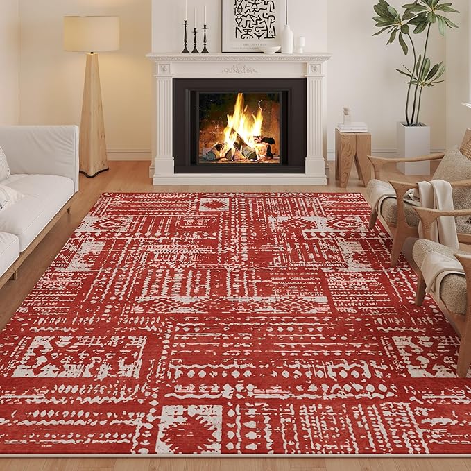 Living Room Rug 6x9 Rug Machine Washable Boho Area Rug Non Slip Moroccan Vintage Low Pile Large Rug for Living Room, Bedroom, Farmhouse, Dining Room, Kids Playroom(Terracotta)