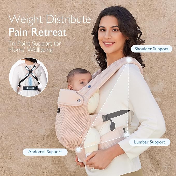 Momcozy Breathable Mesh Baby Carrier, Ergonomic and Lightweight Infant Carrier for 3-24 Months with Enhanced Lumbar Support, All Day Comfort for Hands-Free Parenting, Air Mesh-Pink
