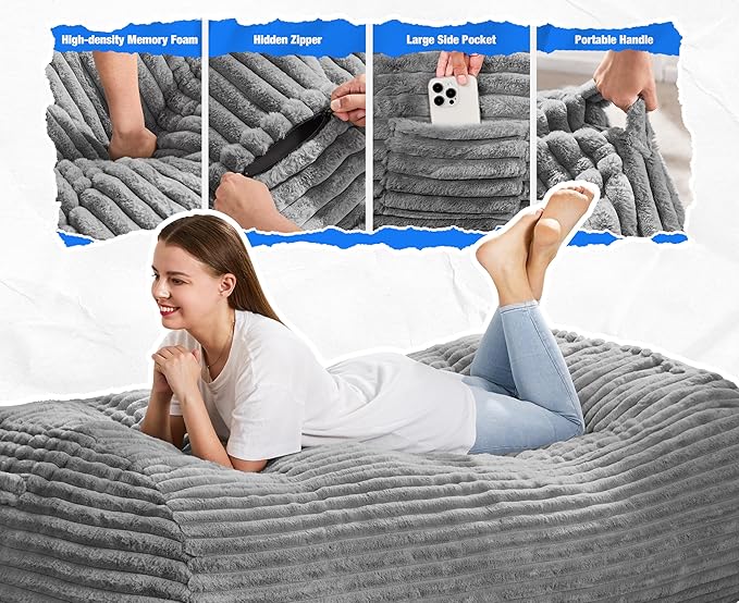 Hobestluk 5FT Bean Bag Chairs Adult Bean Bag with Portable Handle Comfy Large Bean Bag Lounge Chair with Removable Cover for Living Room Bedroom (Stripe Grey, 5FT)