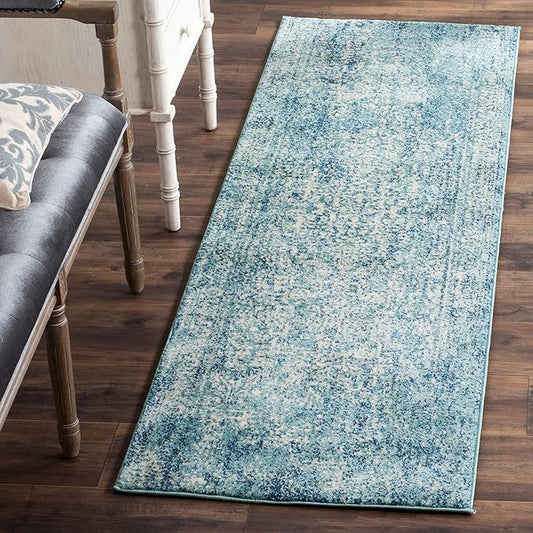 SAFAVIEH Evoke Collection 2'2" x 19' Blue/Ivory EVK256C Oriental Distressed Non-Shedding Living Room Bedroom Runner Rug