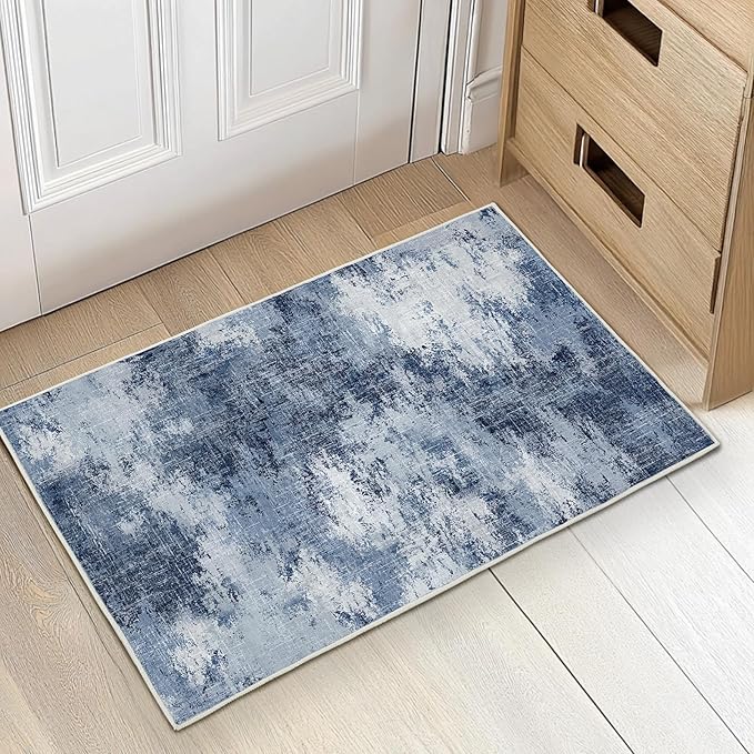 Amada Washable Entry Rug, 2x3 Modern Abstract Rug with Short Pile and Non-Slip Backing, Small Rug with Abstract Pattern for Entryway, Kitchen and Living Room, Dark Blue