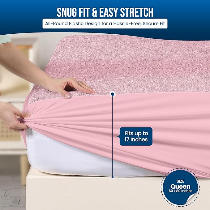Utopia Bedding Waterproof Mattress Protector Queen Size, Premium Terry Mattress Cover 200 GSM, Breathable, Fitted Style with Stretchable Pockets (Pink)