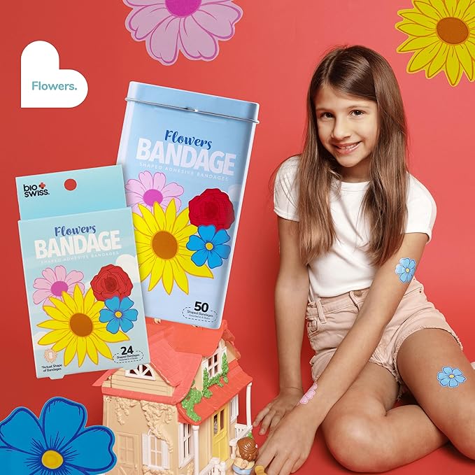BioSwiss Bandages, Flowers Shaped Self Adhesive Bandage, Latex Free Sterile Wound Care, Fun First Aid Kit Supplies for Kids and Adults, 24 Count