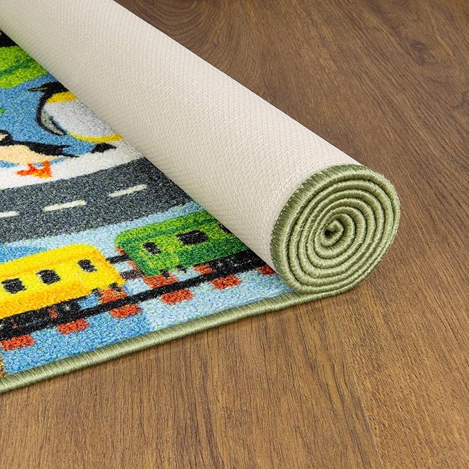 KC Cubs 5x7 Animal Safari Toy Car Road Rug – Educational Play Mat Carpet for Kids, Toddlers, Nursery, Classroom, Playroom, Baby Daycare, Boys & Girls