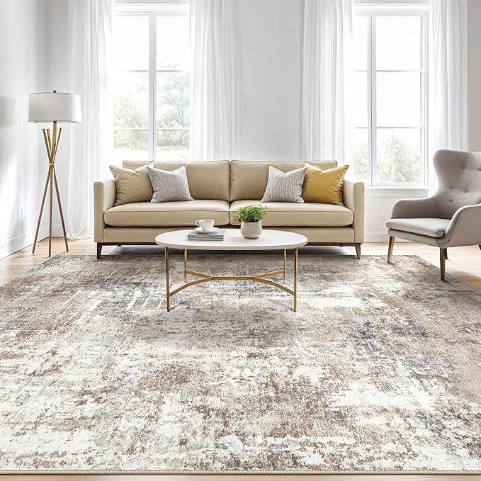 8x10 Area Rugs Living Room: Washable Large Abstract Modern Soft Rug Stain Resistant Indoor Floor Non Slip Accent Carpet for Bedroom Nursery Playroom Dining Room Office Dorm Home House- Brown