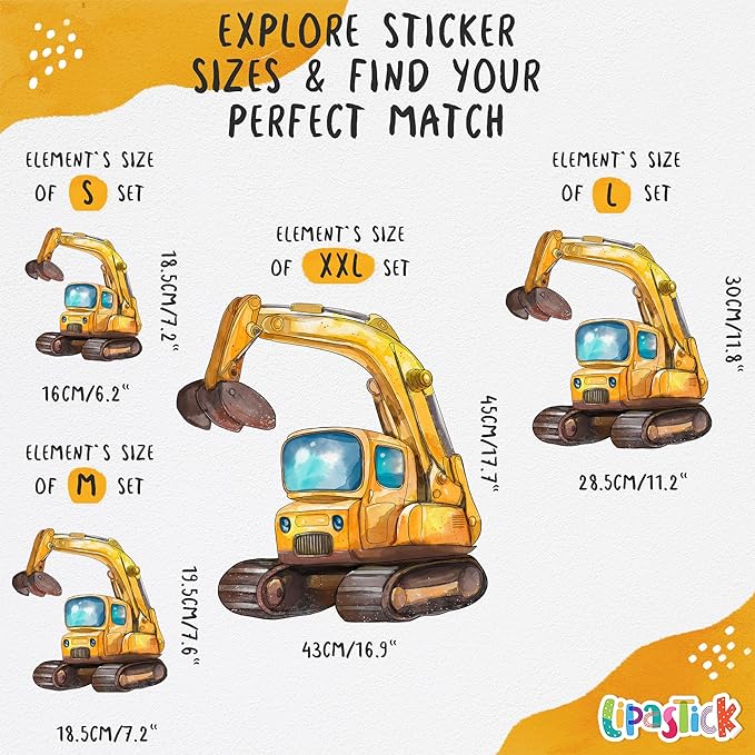 Construction Truck Wall Decals for Boys- Peel and Stick Road Vehicle Stickers for Room, Nursery, Playroom - Removable Wall Decor with Excavators, Tractors, Cars for Kids, Toddlers, Babies -S Size