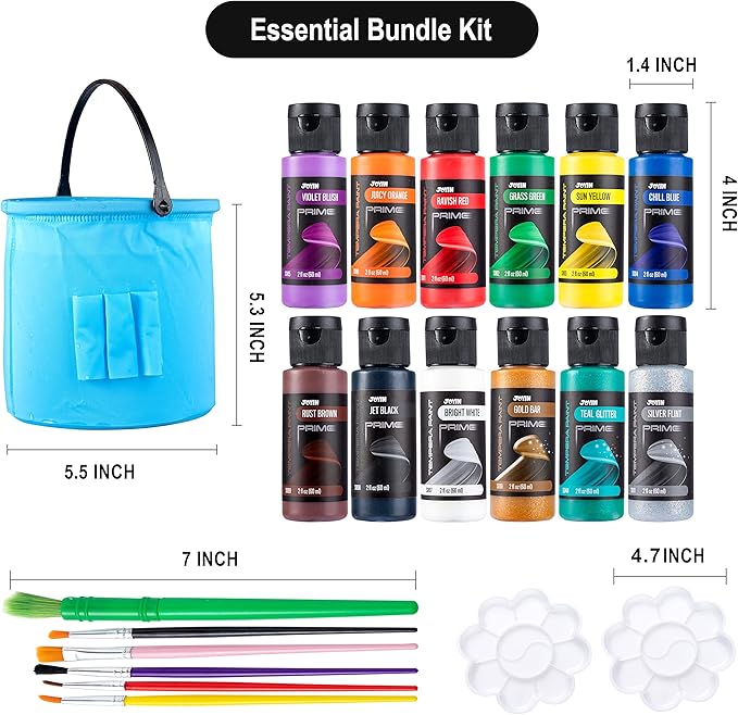 JOYIN 12PCS Washable Kids Tempera Paint Set (2 oz Each), 6 Brushes, 2 Palette & 1 Stretchable Washing Bucket, Non-Toxic Kids Liquid Paint for Arts and Crafts Project, Finger Painting, Hobby Painters