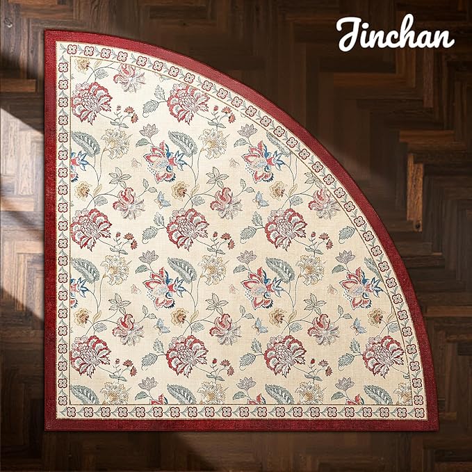 jinchan Floral Corner Rug for Kitchen Washable Nursery Rug Vintage Romance Design Non Slip Quarter Circle Lightweight Low-Pile Throw Carpet for Playroom Reading Nook Office, 5ft Radius, Red/Beige