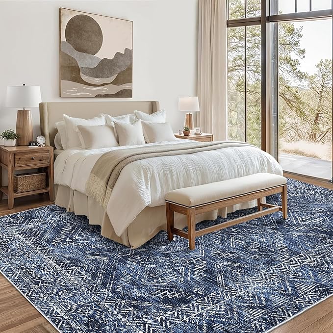 COZYLOOM Washable Area Rugs 10x13 Vintage Non Slip Low Pile Rug Soft Throw Floor Cover Geometric Tribal Foldable Indoor Carpet for Living Room Bedroom Playroom Nursery, Blue
