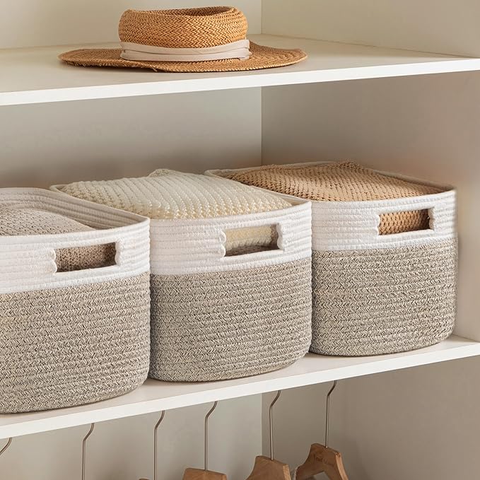 UBBCARE 2 Pack Baskets for Organizing, Woven Storage Baskets with Label for Toys and Towel, Rectangle Cotton Rope Basket with Handles, 15''L x10''W x9''H, White&Brown