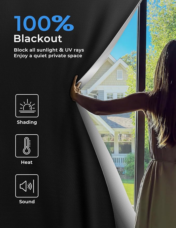 Sumobaby Blackout Curtains for Bedroom Portable 43"x48",No Drill Blackout Shades with Upgraded Hook&Loop Tapes,100% Black Out Window Cover,Thermal Insulated Blinds for Bedroom,Nursery(1 Panel,Black)