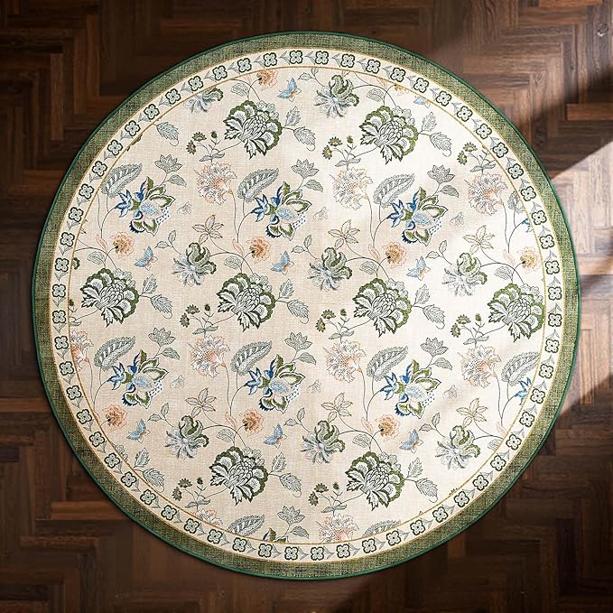 jinchan 7ft Floral Round Rug for Dining Room Washable Living Room Rug Vintage Romance Design Non Slip Indoor Floor Cover Lightweight Low-Profile Throw Carpet for Bedroom Porch Patio, Green/Beige