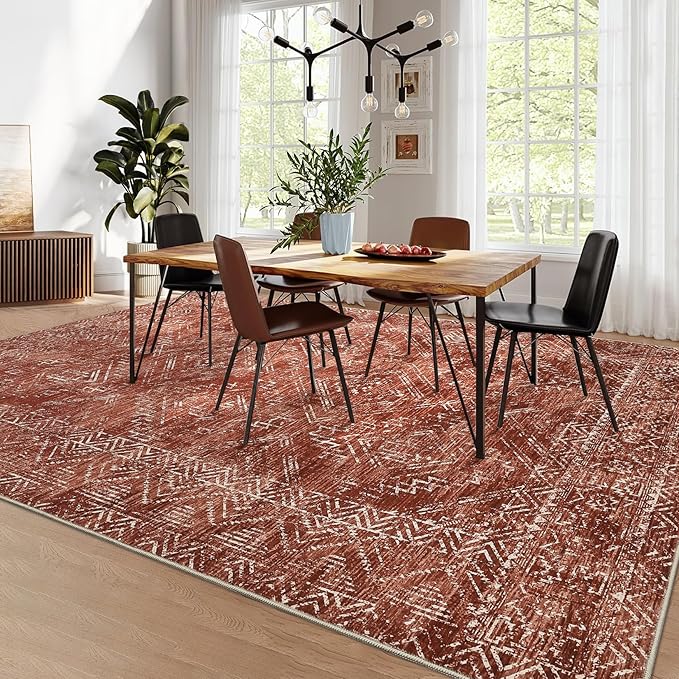 COZYLOOM 6x9 Washable Rug Modern Indoor Area Rug for Living Room or Bedroom Softness Foldable Mat for Easy Storage Abstract Geometric Design Non Slip Rug Low Pile Stain Resistant Carpet, Brick Red