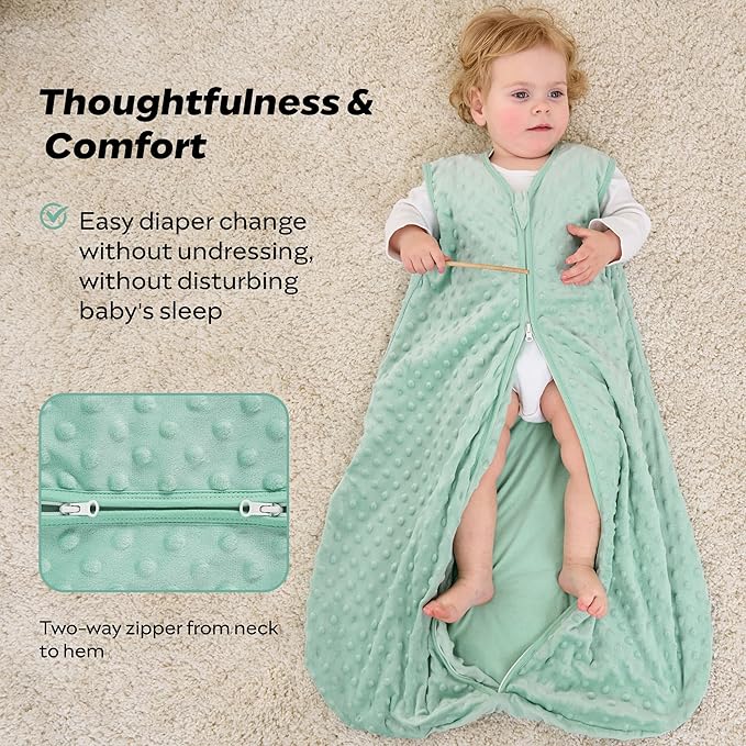 JELLYMONI Fleece Baby Sleep Sack 12-24 Months, 1.5 Tog Warm Winter Baby Wearable Blanket with Plush Dots and 2-Way Zipper, Cotton Toddler Sleep Sack