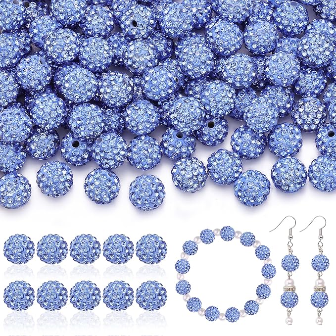 160pcs 10mm Rhinestone Beads for Jewelry Making, Light Blue Shiny Round Disco Ball Beads Bulk, Sparkle Crystal Clay Christmas for Bracelet Baseball Necklace Earring Crafting and DIY
