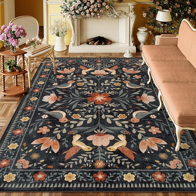 Moynesa Boho Bird Area Rug 9x12 for Living Room, Washable Rugs 9x12 Black Floral Bedroom Rug Low-Pile Soft Playroom Carpet, Jungle Pattern Vintage Rug Indoor Floor Carpet for Nursery