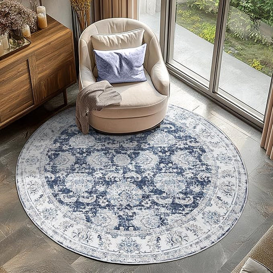 jinchan Round Rug 6ft Area Rugs Vintage Floral Distressed Design - Machine Washable Non-Slip Low-Pile Ultra-Thin Circle Rug for Entryway Bedside Living Room Dining Room Bedroom (6' Round,Dark Blue)
