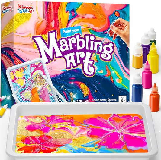 Klever Kits Marbling Paint for Kids, Metallic Gold Water Marble Paint Art, Arts and Crafts for Girls & Boys 6-12 Years Old, Craft Kits, Birthday Gifts Ideas Activities Toys