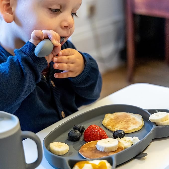 Baby Cutlery Set With Case, Spoon & Fork for Self Feeding, Silicone, 6 Months Plus (Grey)