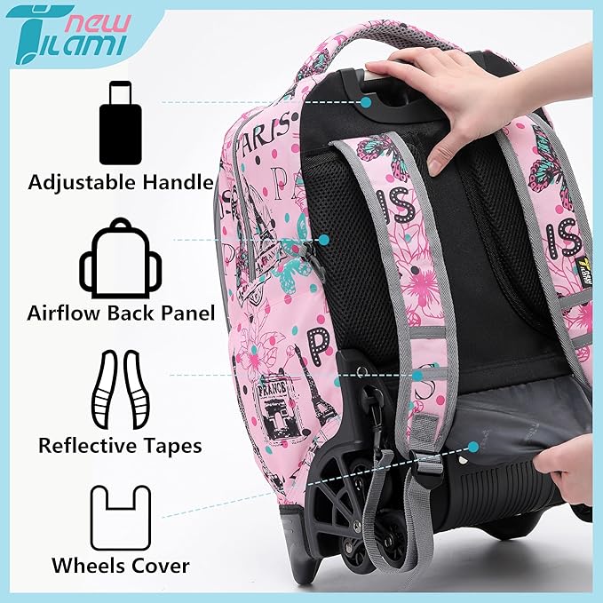 NEW TILAMI 18 inch Rolling Backpack for Kids, Waterproof, Adjustable Handle, Stair Climbing, Large Storage for School, Travel, Girls & Boys, Pink Paris