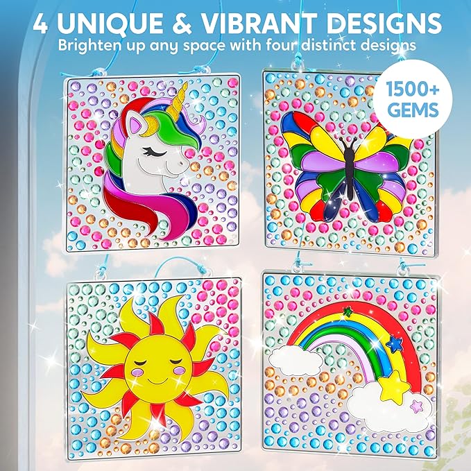Klever Kits 4PCS Window Art, 2-in-1 Gems and Gels Suncatcher, 2 Ways to Play Diamond and Gels, Arts & Crafts Toys for Boys Girls, Christmas Birthday Gifts for Kids Age 6 and Up