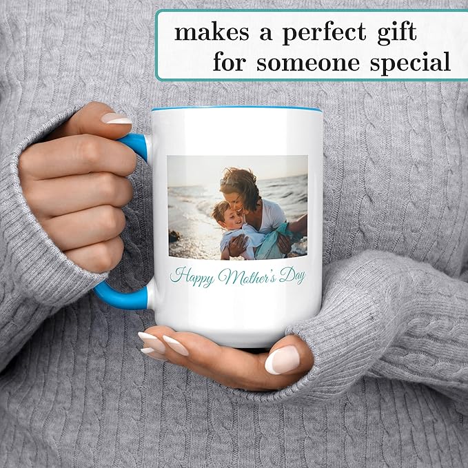 Personalized Mother's Day Coffee Mug, Custom Mum Photo Text 15 Oz Ceramic Mug, Customized Mom Gift Idea Picture Name Cup, Taza Cafe Personalizadas Fotos, Cute Gifts Mom Women Dad Men, Light Blue