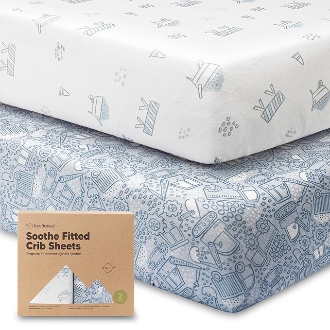 KeaBabies 2-Pack Organic Crib Sheets for Boys, Girls - 52x28 Fitted Crib Mattress Sheet Neutral, Breathable Jersey Cotton Cover for Baby Bed, Toddler Mattress, Soft & Cute Prints (Excavation)